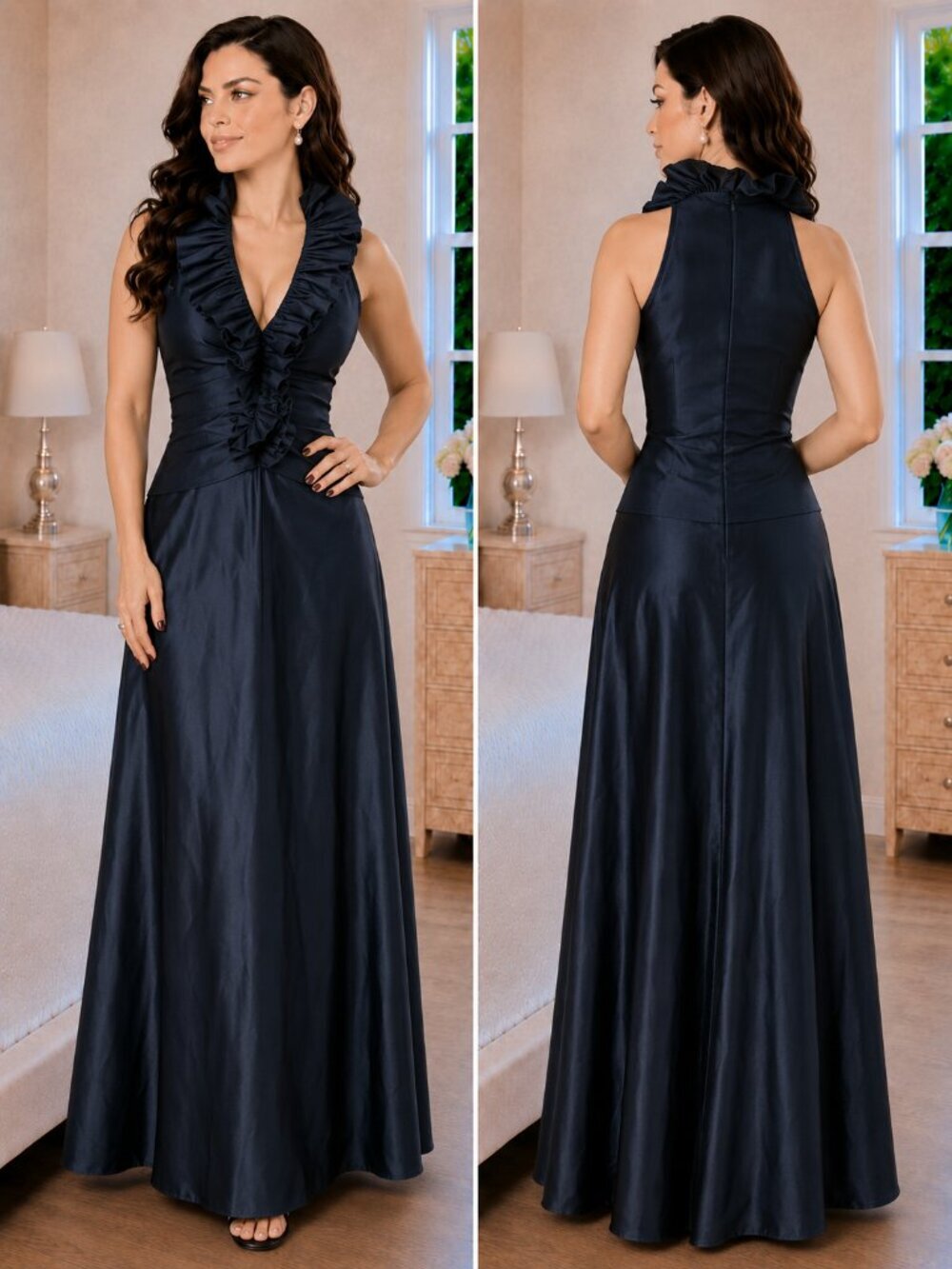 Tadashi Black Satin Ruffle High Collar Maxi Dress $495